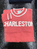 Sweater Long Sleeve 100% Cotton Intarsia knit in letters CHARLESTON in white letters on Coral