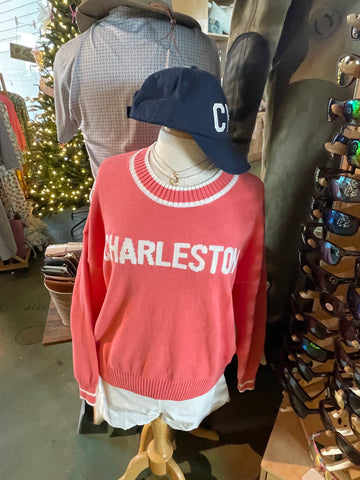Sweater Long Sleeve 100% Cotton Intarsia knit in letters CHARLESTON in white letters on Coral